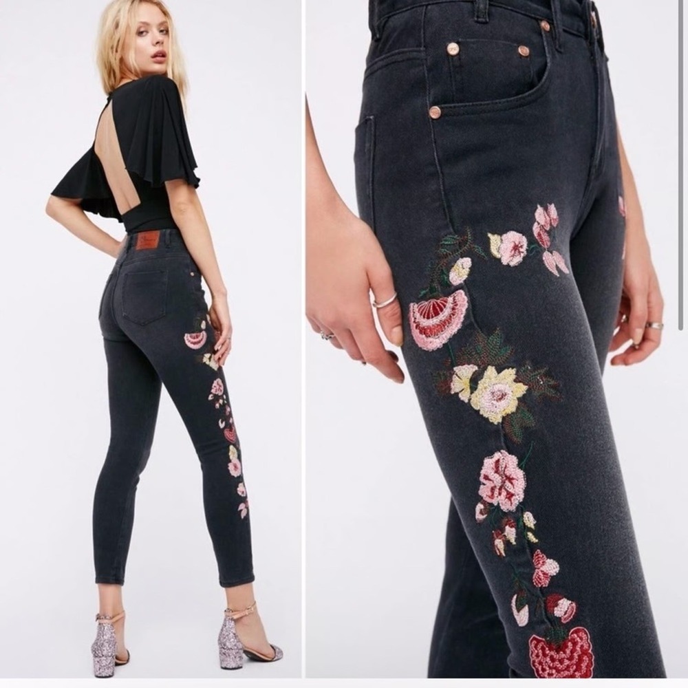 One Teaspoon Black Skinny Jeans with Pink & Cream Floral Embroidery